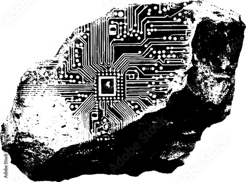 Monochrome stencil art of crystalline stone with circuit pattern