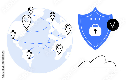 Globe with location markers connected by dotted lines, blue shield with lock and checkmark, abstract cloud. Ideal for security, data privacy, global connectivity, cloud storage, online safety