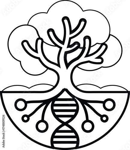 Family tree with roots dna symbol showing genetic link and connection