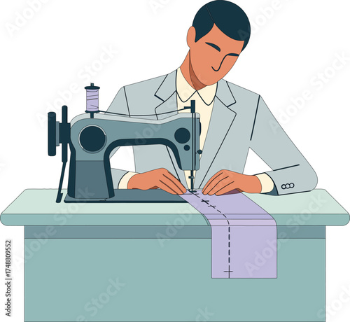 Tailor working at sewing machine in änderungsschneiderei with fabric cloth