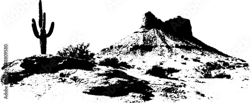 Black and white desert scene with cactus and mountain silhouette for art and design