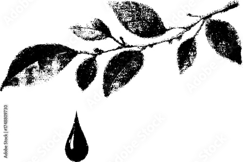 Nature-inspired droplet hanging from branch in black and white stencil art for creative design projects