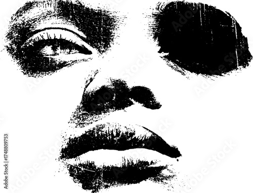 Expressive black and white face stencil art with grunge texture for urban design