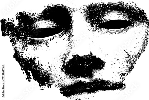 Abstract black and white stencil art of faceless mask with textured details for design