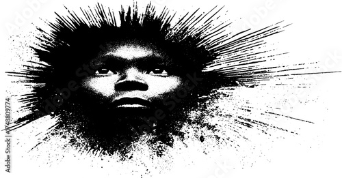 Grunge black and white silhouette of a mask with radiating spatter lines for urban design