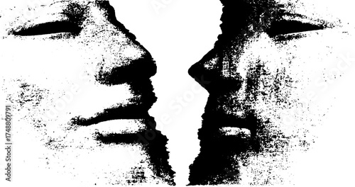 Abstract duality face silhouette in grunge black and white stencil design