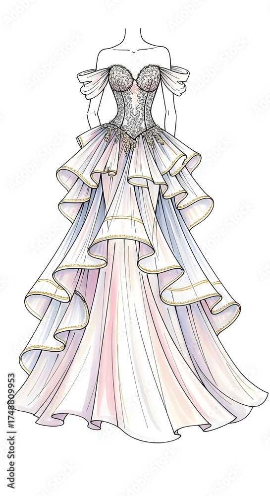 Obraz premium Stunning ball gown sketch with lace bodice and cascading ruffles for design