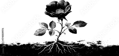 Black and white flower blooming stencil with roots - design for prints and posters