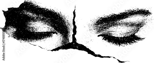 Fractured divine silhouette: celestial eyes black and white stencil art