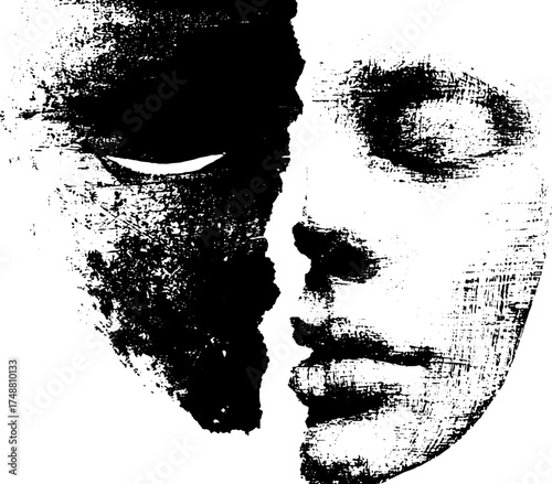 Fractured divine face silhouette in black and white stencil art for art and design