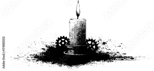 Black and white silhouette of a glowing candle with industrial gear accents