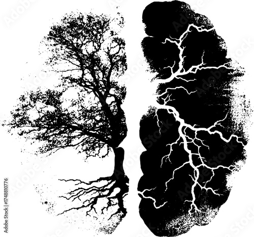 Duality of nature and mind in black and white stencil artwork