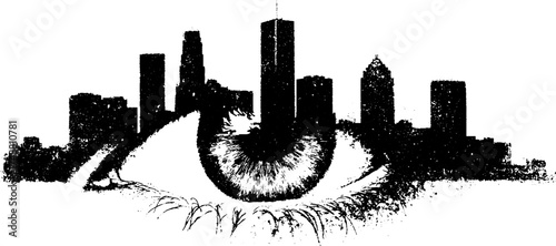 Urban skyline reflected in human eye silhouette with grungy texture for artistic design