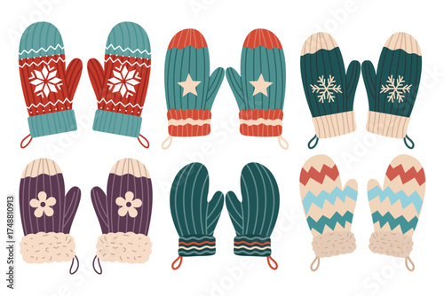 Cute colorful winter mittens element set. Suitable for clip art, stickers, flat design illustration, etc