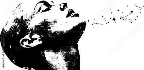 Celestial human head silhouette with starry constellations - artistic urban design for grunge decor