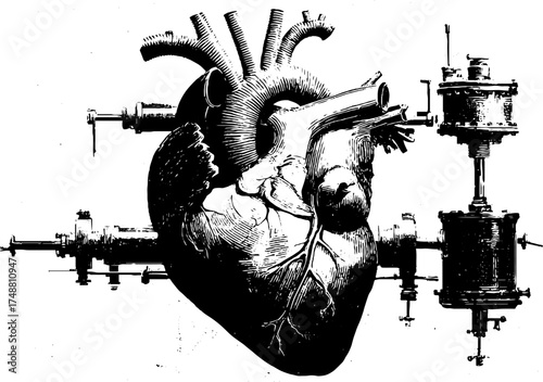 Intricate black and white stencil of human heart with mechanical elements for artistic designs