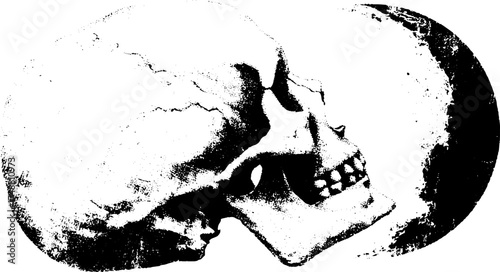 Celestial fusion human skull stencil art - vintage grunge design for posters and decor