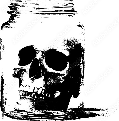 Black and white human skull in jar stencil design for vintage art and decor