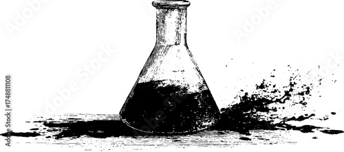 Black and white stencil illustration of laboratory flask with splatter design