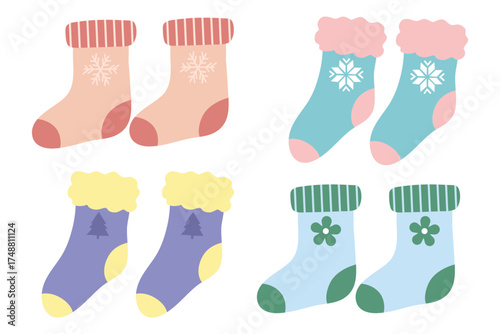 Pastel winter socks element set. Suitable for clip art, stickers, flat design illustration, etc