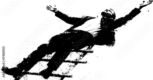 Surreal black and white stencil illustration of a man reclining on a bent ladder