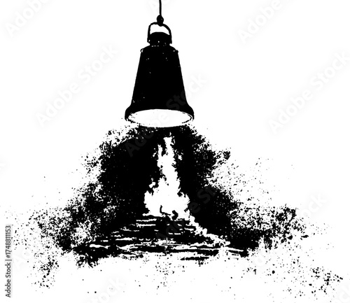 Black and white stencil silhouette of an industrial lamp with artistic texture for graphic design
