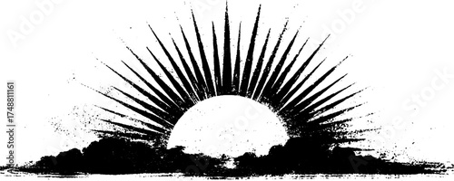 Stylized stencil silhouette of glowing sunburst behind clouds for artistic design