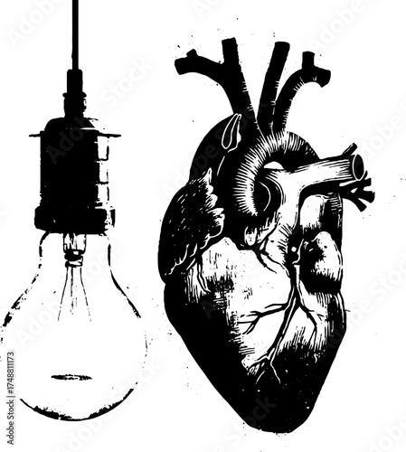 Surreal black and white stencil of lamp and heart fusion for creative design