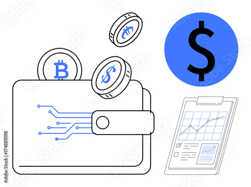 Wallet emitting bitcoin and digital currency icons, paired with financial chart on a clipboard. Ideal for finance, cryptocurrency, fintech, blockchain, investing, digital banking, economy concepts