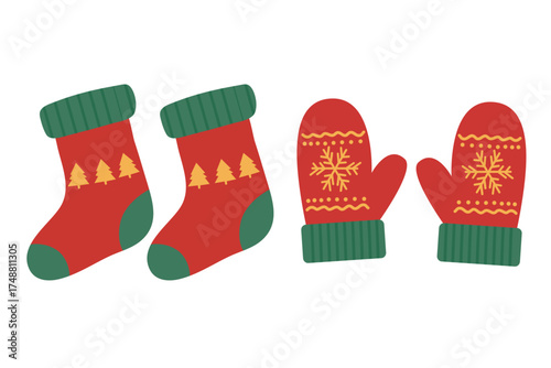 Christmas socks and mittens element set. Suitable for clip art, stickers, flat design illustration, etc