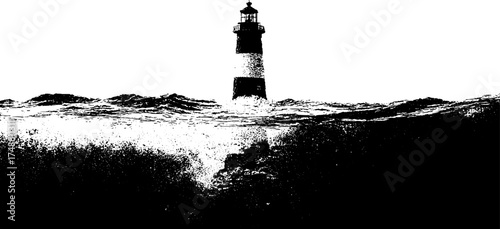 Dramatic black and white lighthouse in turbulent seas, nautical design for wall art