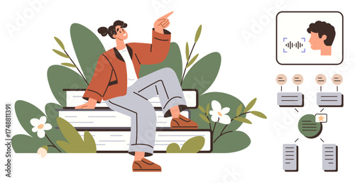 Young woman sitting on stacked books surrounded by plants, gesturing upward. Diagram of voice input linking to data processing and flowchart elements. Ideal for education, voice tech, learning
