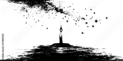 Black and white linocut stencil of a candle under a starry night sky with distressed texture.
