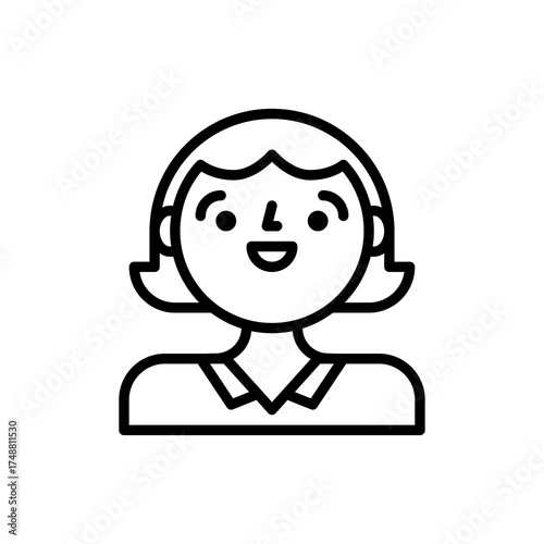 Simple Outline Portrait of a Smiling Woman with Short Bob Hairstyle and Collar Shirt Against a Transparent Background