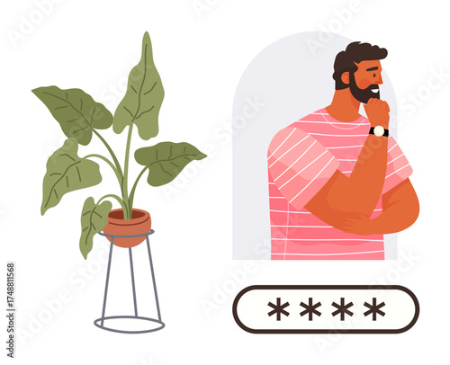 Thoughtful man with password input field, modern indoor plant pot nearby. Ideal for security, contemplation, self-reflection, decision-making, identity, minimalism mindfulness. Simple flat metaphor