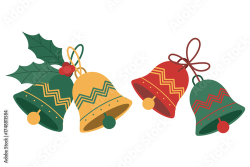Holly and jingle bells garland element set. Suitable for clip art, stickers, flat design illustration, etc