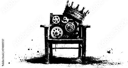 Black and white silhouette of mechanical throne with crown for artistic design