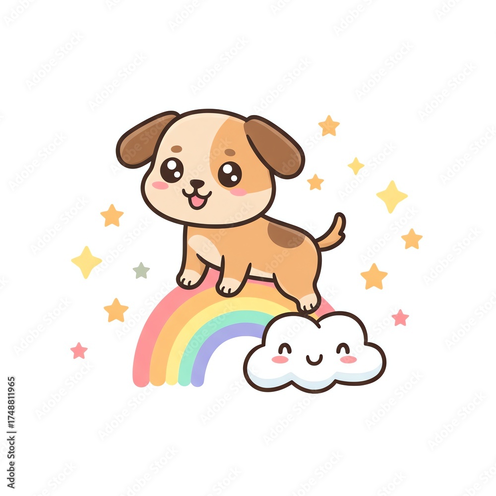 Fototapeta premium A cartoon puppy stands on a rainbow with a smiling cloud below
