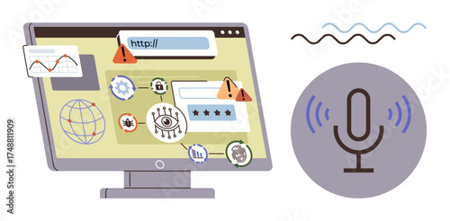 Computer monitor with browser threats thumbs up malware, phishing, password risks, and alerts, alongside a microphone symbol. Ideal for cybersecurity, technology, data protection, privacy web