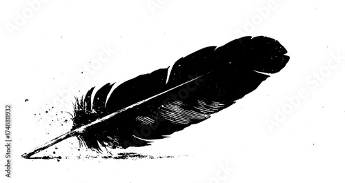 Black and white stencil illustration of a metallic feather with grunge texture