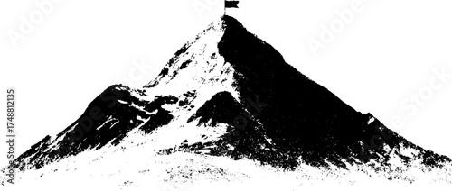 Monochrome mountain peak silhouette with flag - rugged landscape design for adventure themes