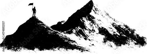 Majestic mountain peak with flag bearer silhouette in black and white stencil for nature adventure design