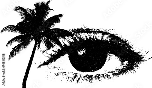 Surreal palm and eye in black and white stencil art for creative design