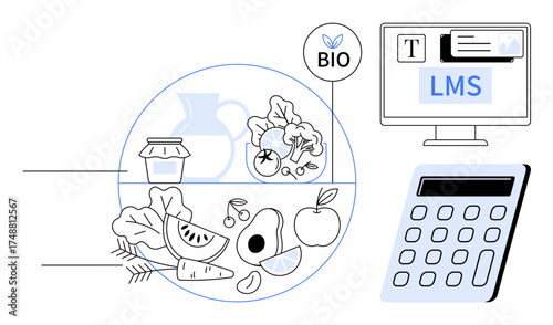 Organic fruits, vegetables, jars, and utensils alongside a digital learning system and calculator. Ideal for food sustainability, organic farming, e-learning, calculations, finance inventory