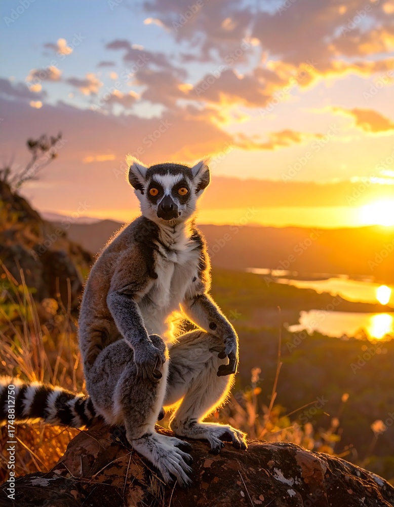 Naklejka premium Ring-tailed Lemur at Sunset Overlooking a Valley.