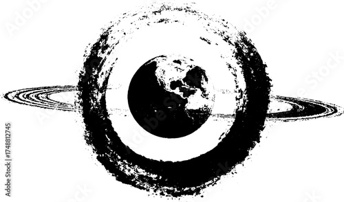 Celestial planet orbiting in grunge style stencil design for urban decor