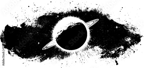 Celestial stencil illustration of orbiting planet with grunge texture for design projects