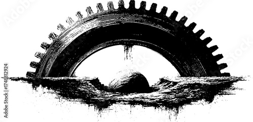 Abstract black and white planet stencil with stellar gear design - cosmic art illustration