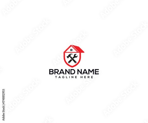 Home Repair Service Logo: This striking emblem embodies the essence of home repair. Featuring a house silhouette, crossed wrench and hammer.