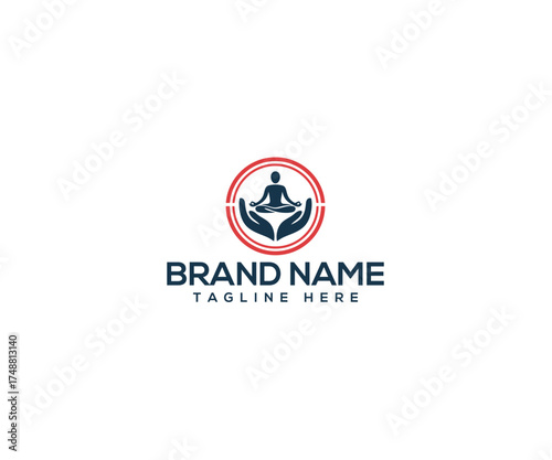 Meditation and Serenity Logo: A modern and minimal logo of a person meditating, embraced within hands. Reflecting peace, balance and a journey to wellness.